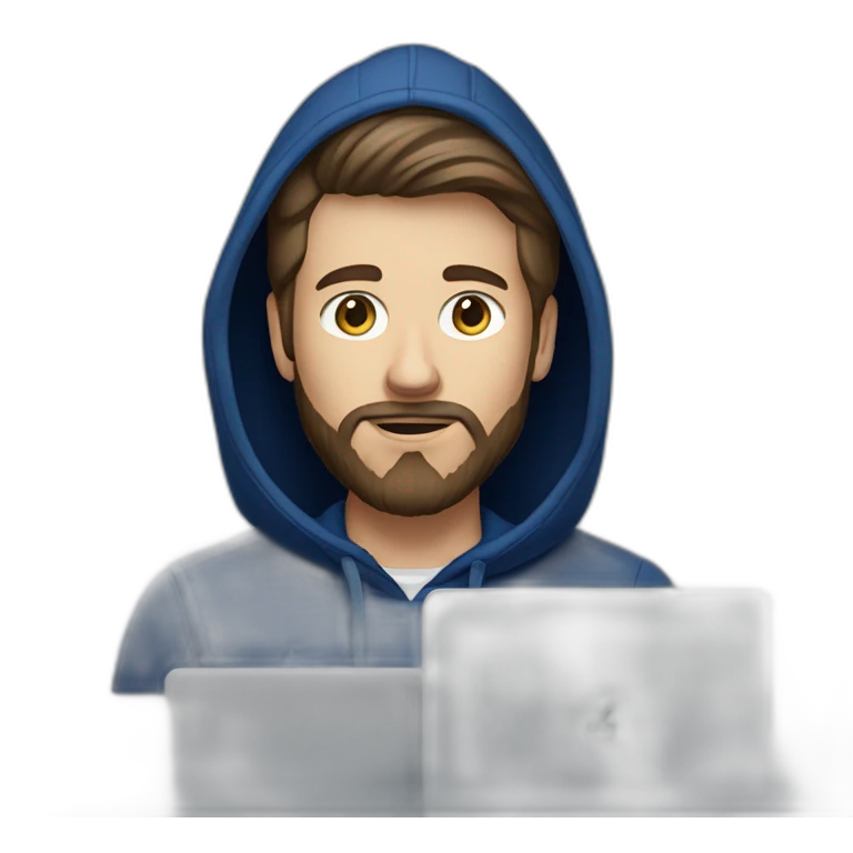 Brown hair white man with a beard typing on apple computer wearing a dark blue nike hoodie emoji