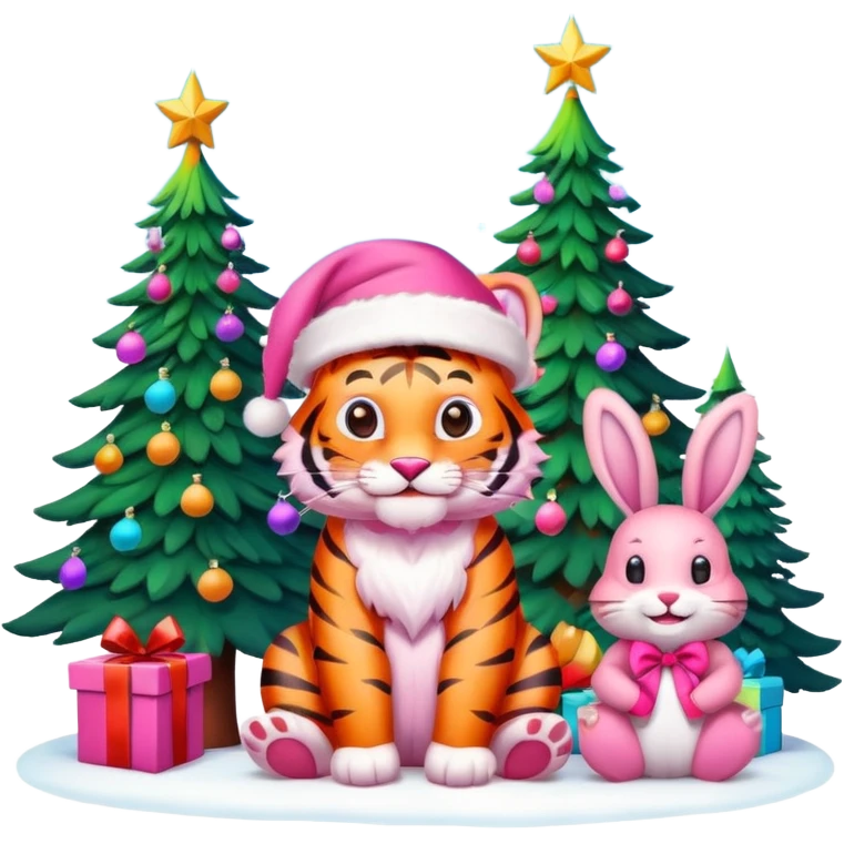 Smiling Pink tiger with Santa hat sitting with a bunny as friends and brightly lit colorful Christmas trees 🎁  emoji
