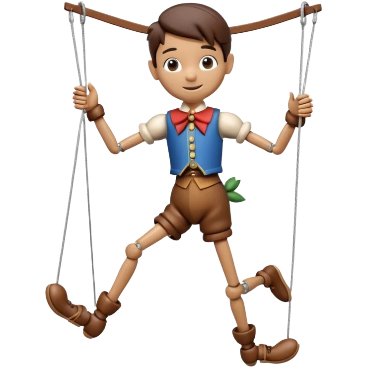 3D render of Pinocchio Boy as a wooden marionette puppet, Long nose, wood grain skin, strings, silver metal screw joints at elbows and knees, polished brown wood texture, rigid toy pose, Apple emoji style, isolated on white background --v 6.0. emoji