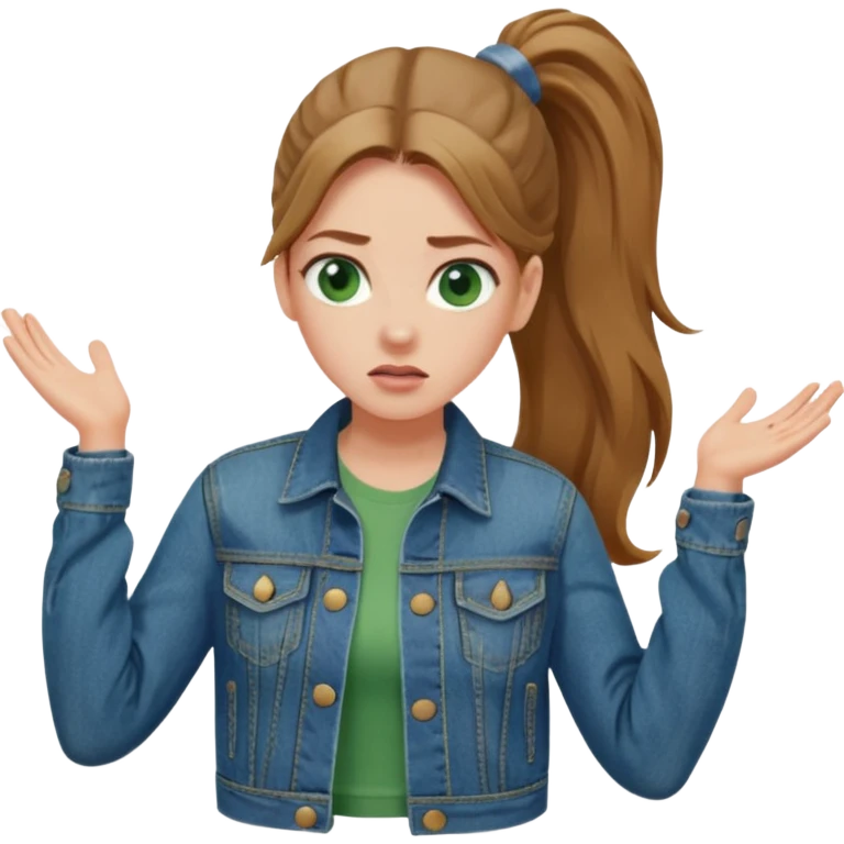 Woman with long ponytail and green eyes shrugging emoji