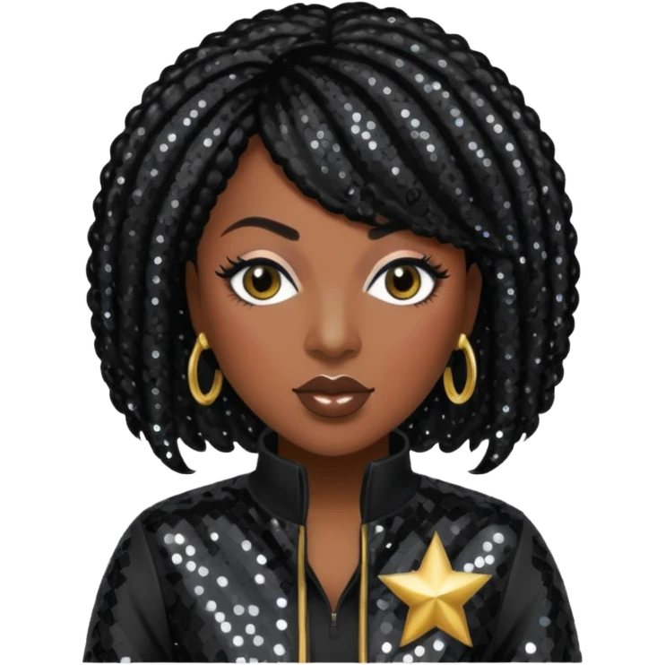 Missy Elliott with jet black hair, black sequin outfit emoji