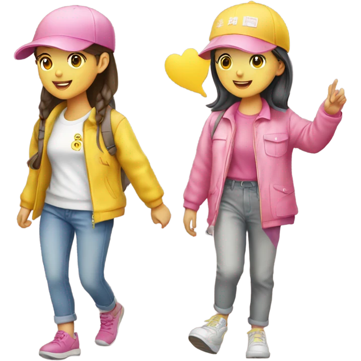 Two korean girls wearing pink and yellow cap wandering around wan chai emoji