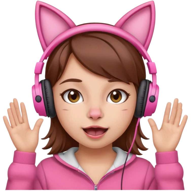 une fille avec des écouteursde chat rose et des cheveux brun qui fais une grimasse emoji