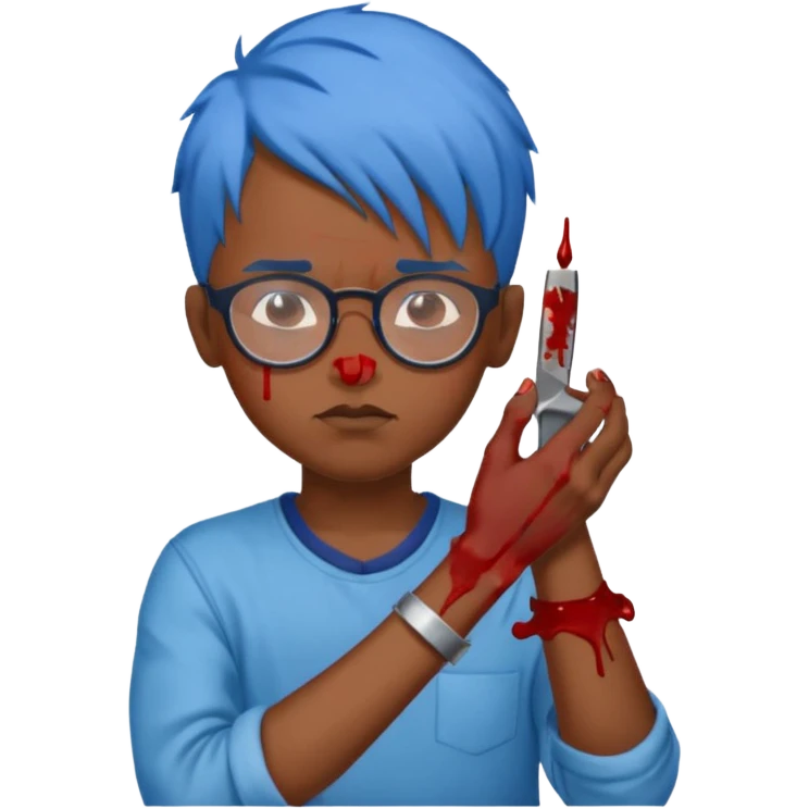 draw a black boy with glasses and blue hair cutting his wrist while bleeding not crying blood and with a neutral peaceful expression on his face emoji