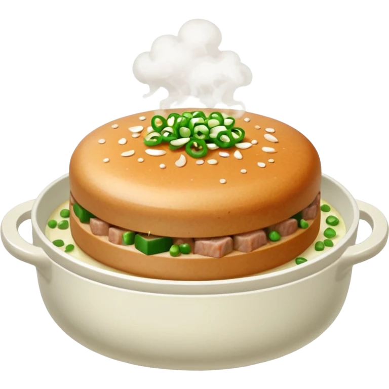 Emoji of a Chinese steamed pork patty in a small dish, topped with chopped scallions and steam rising, soft texture, minimal style. emoji
