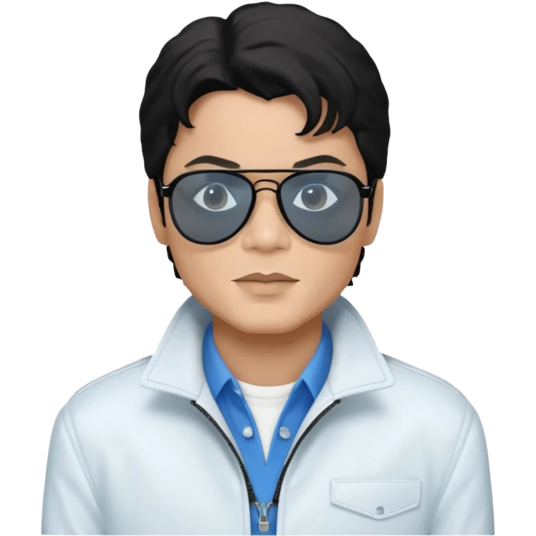 Michael Jackson is white, wearing completely black smokey Ray-Ban glasses, a white jacket, and a blue shirt. emoji