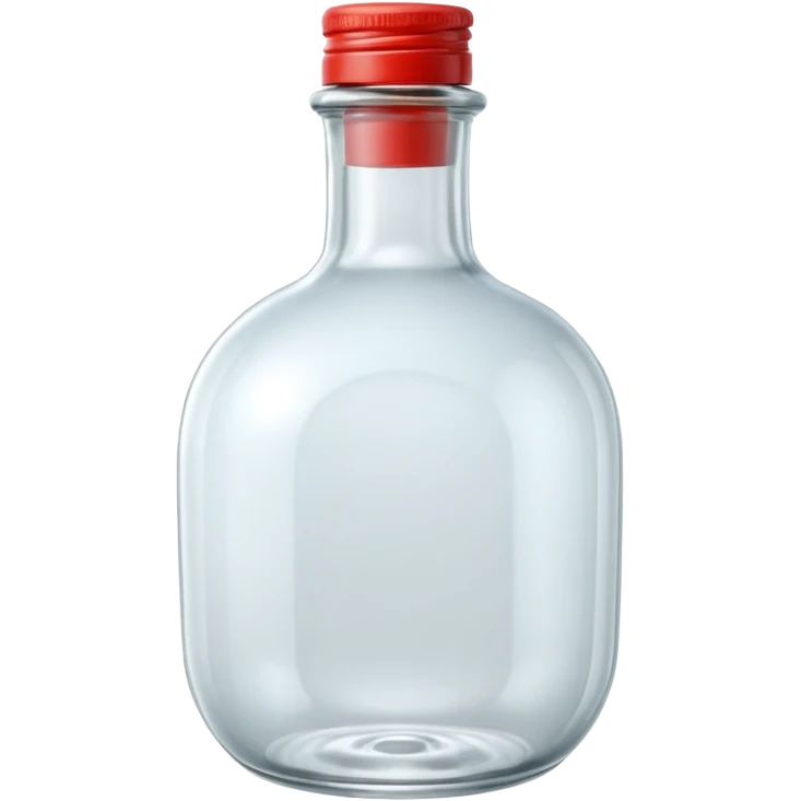 A 3D Apple-style clear glass bottle emoji, completely empty, smooth and shiny transparent surface, simple round body with a short neck and small cap, light reflections on the glass, clean minimal background. emoji