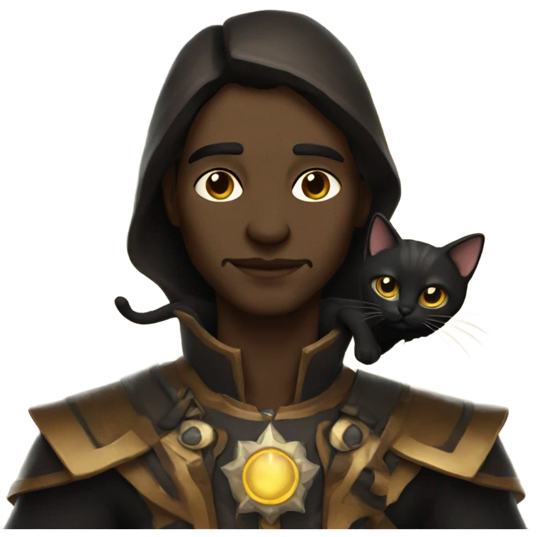 A sun warlock who is pale with deep brown hair and is holding a black kitten emoji