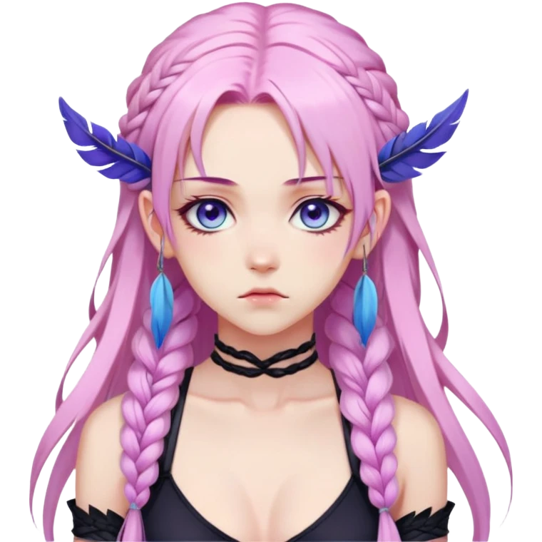 Gorgeous anime lady long-pale-pastel-pink-hair with one braid on each side, grumpy expression, purple-pink feather-ear-cuffs in hair, black bodysuit, blue eyes, pink iris, ethereal, fantasy, fashion aesthetic  emoji