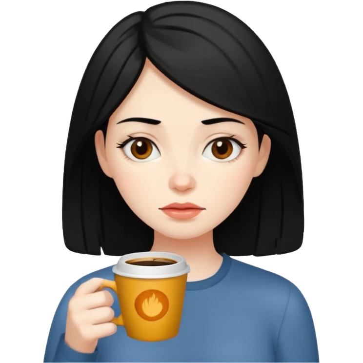 컴퓨터로 작업하면서 커피를 많이 마시고 있는 피곤해보이는 검은머리 여자 emoji