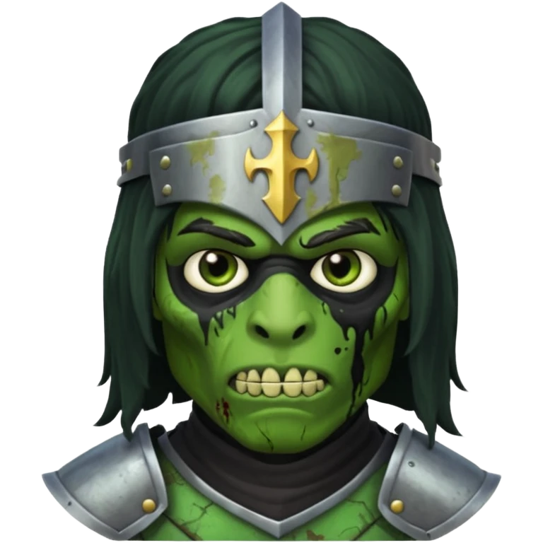 A black male with long black rough hair wearing a knight helmet with green zombie skin emoji