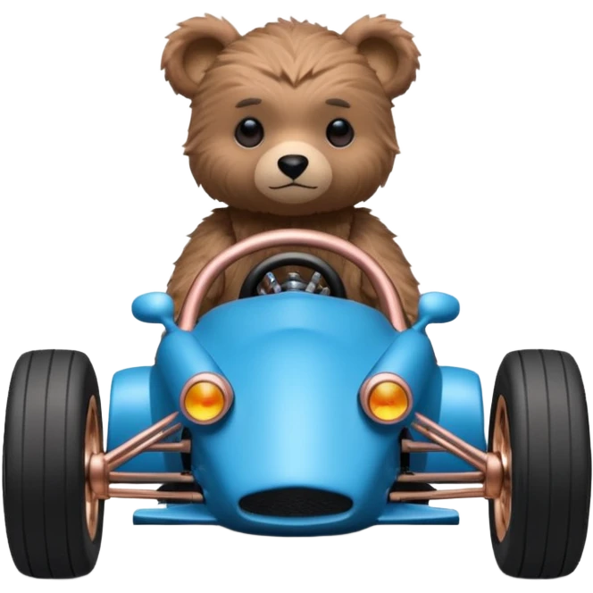 dark crystal blue and rosegold-accented rc racing car driven by a small cute fearless teddy business bear with rear spoiler, roll bar, and wheely bar emoji