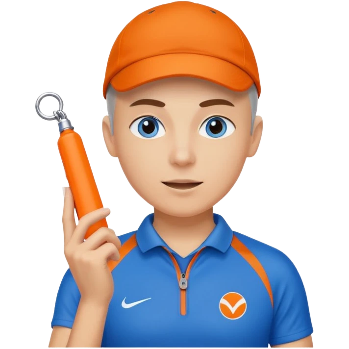 Make a friendly emoji style mascot for Sports Eye. Character will be blue sporty eye with a face, wearing a whistle, symbolizing coach giving guidance. design should be modern, friendly, & energetic, like a sports coach avatar. Primary color #2051E5 small touch of orange. emoji