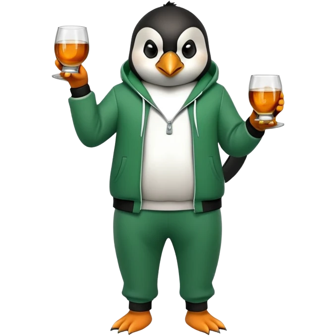 full body friendly anthropomorphised penguin wearing green mafia-style tracksuit, angry intense brooding posture, holding glass of whiskey emoji
