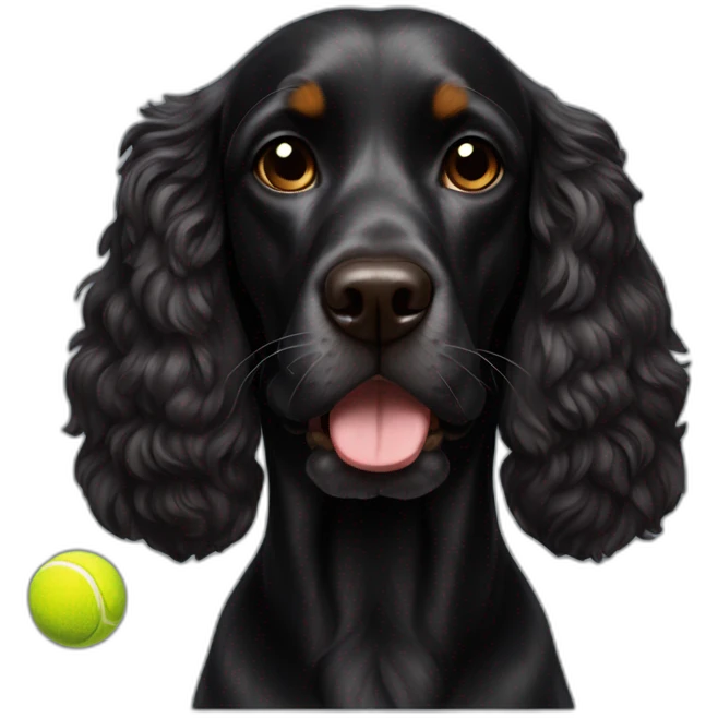 Full black cocker with brown eyebrow and a tennis ball in mouth emoji