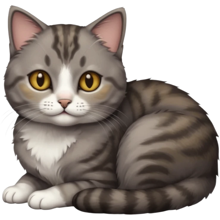 full body tiny short hair dark grey and 3/4 white cat with hazel eyes lying down emoji