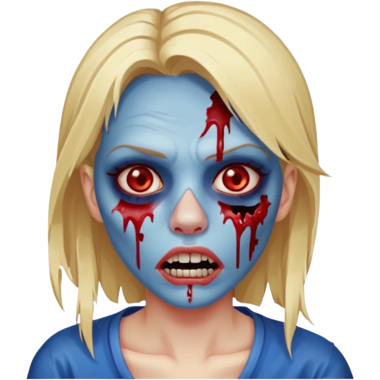 zumbi feminino com cortes no rosto, olhos baixos e vermelhos, cabelo loiro e rosto azul escuro, boca e olhos sangrando cm fundl azul e mais sangues possível emoji