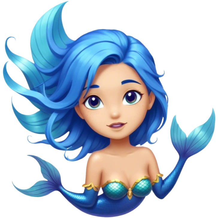 Cinematic Realistic Blue Hair Mermaid Portrait, head tilted playfully and inquisitively, showcasing a delicate, tropical form with finely detailed, flowing blue hair contrasting beautifully against her sun-kissed tanned skin. Her bright, curious eyes sparkle like sea gems under warm filtered light, rendered with lifelike clarity and soft underwater illumination—capturing the essence of a spirited mermaid poised to dance playfully amidst coral reefs. emoji