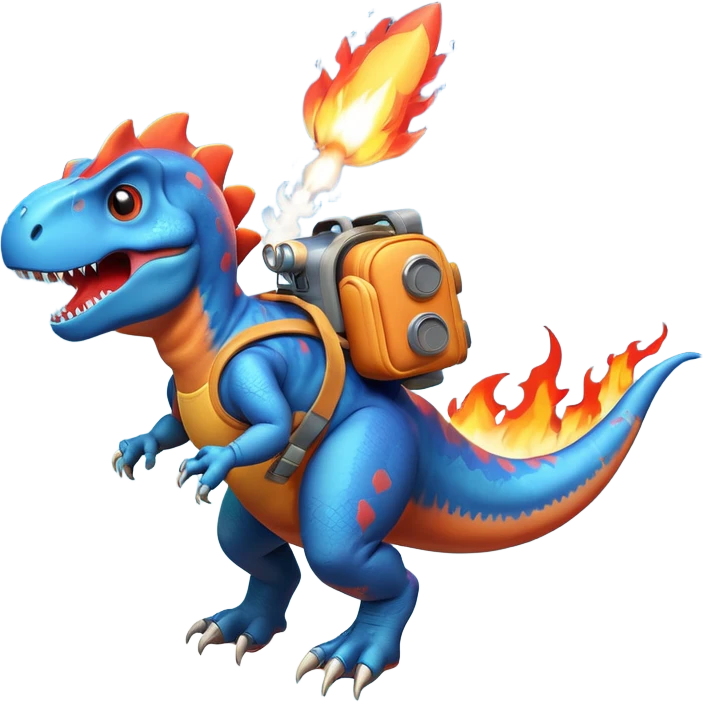 rocket-propelled dinosaur character, cute T-rex, rocket pack on its back, flames and smoke trail, dynamic flying pose, 3D cartoon, mobile game icon style, clean background, no text, no watermark
 emoji