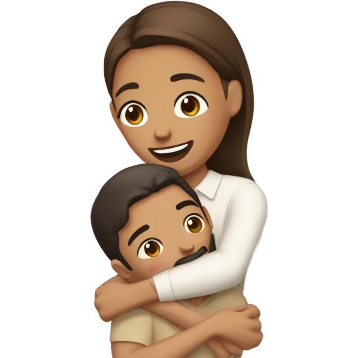 Brown-haired Puerto Rican woman with dark brown eyes wearing a cute blouse giving comforting hug to short, bald man with brown eyes, laugh lines, and a beard emoji