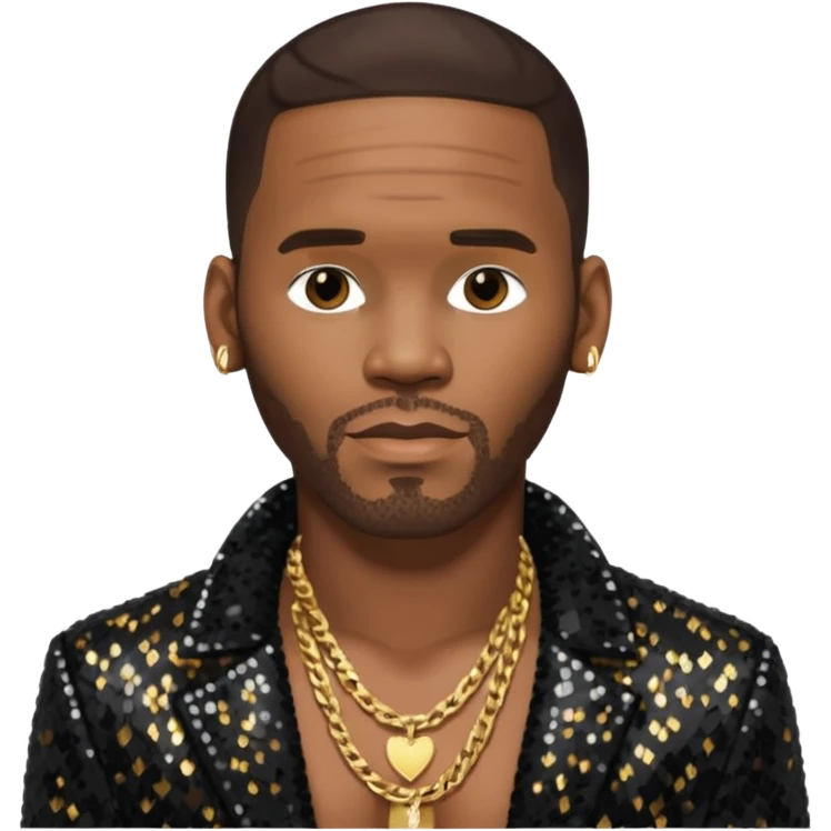 R. Kelly with dark brown hair, black sequin jacket, shirtless with necklace emoji