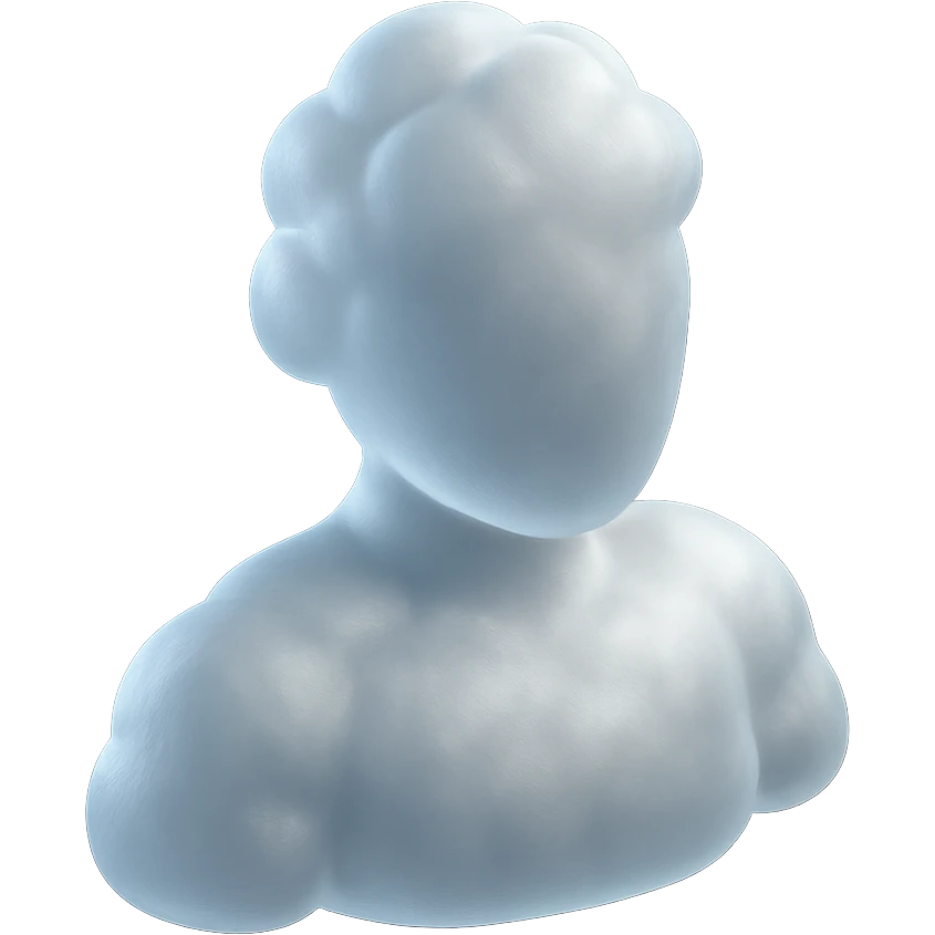 shoulder-up person fully made of white fluffy convex clouds, matte glass style emoji