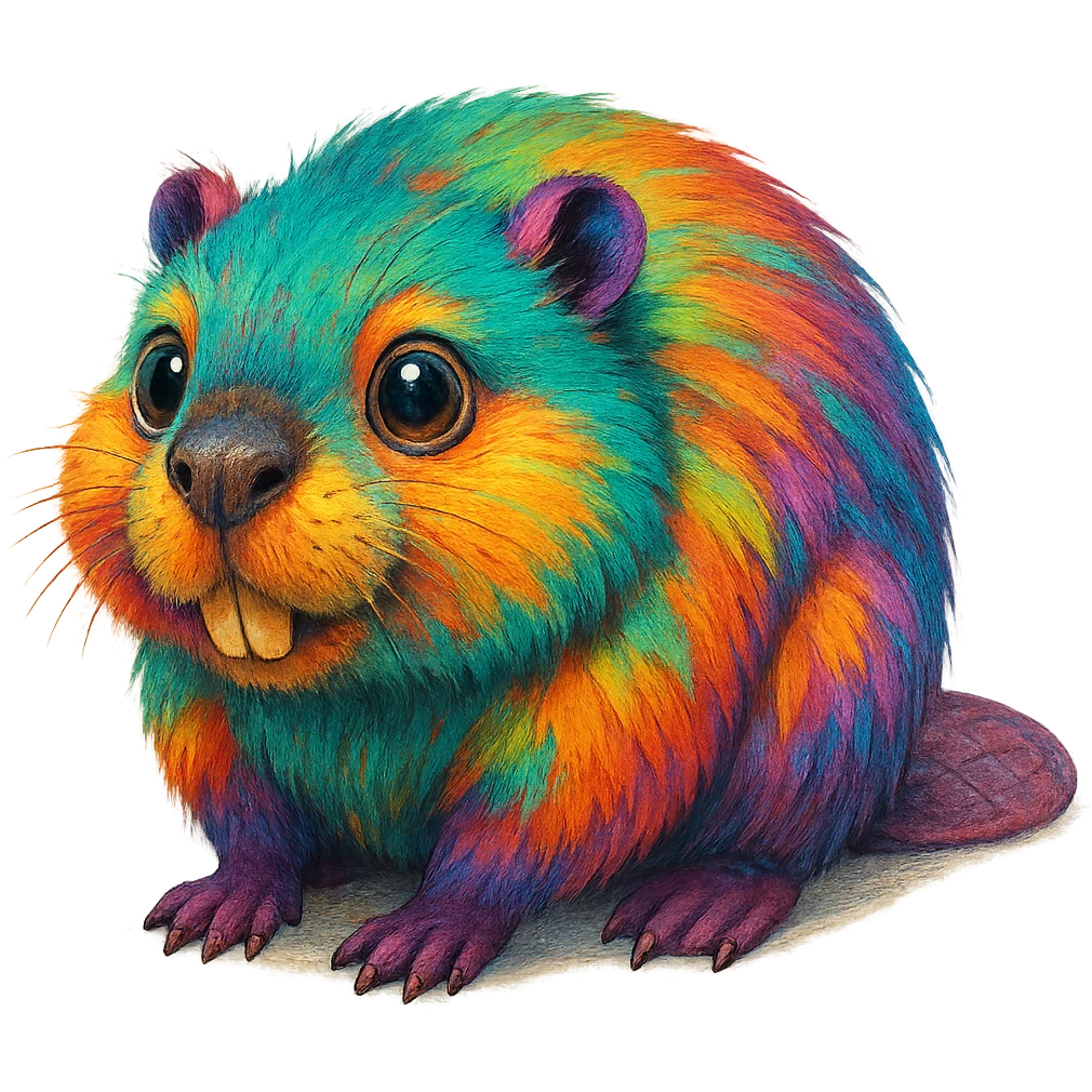 exotic beaver with multicolored fur and big eyes, transparent background emoji