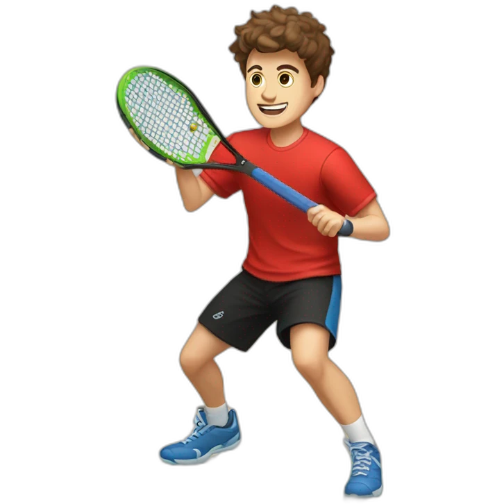 Young guy with brown hair playing pickleball full body red shirt black shorts solid black paddle emoji