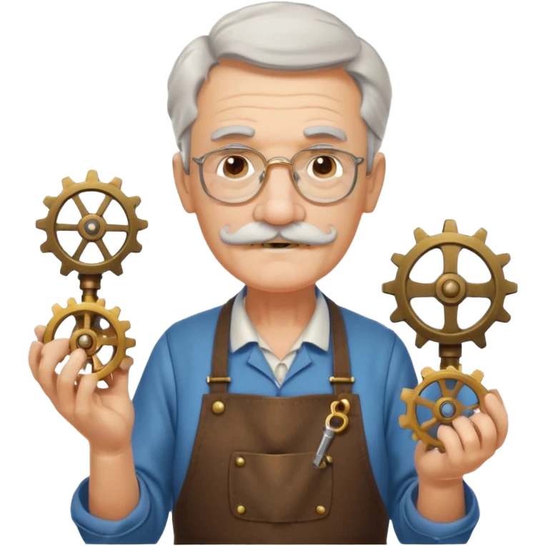 A gentle elderly inventor with tidy mustache, apron, and miniature clockwork device.
 emoji
