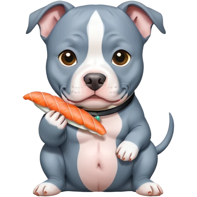 A gray blue colored pit bull holding sushi emoji