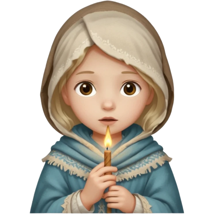 A small girl in a worn winter dress and shawl, holding a glowing matchstick close to her face, eyes wide with soft hope.
 emoji