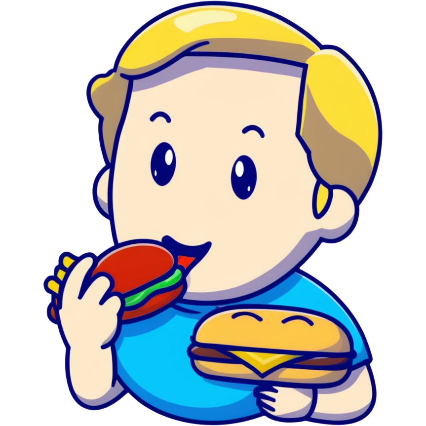 Blonde man with white skin and blue eyes eating a McDonald's hamburger, LGBT pride symbol emoji