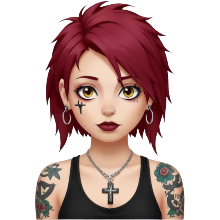 generate an ios genmoji of a girl with dark red messy hair with eyeliner on, septum piercing, wearing a cami black top, has tattoos, ear piercings, wearing a cross silver necklace emoji