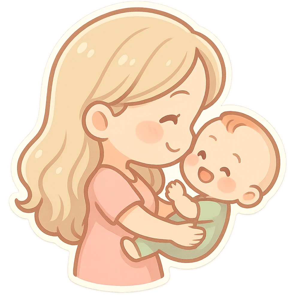 woman with long light hair holding a baby in her arms, they look at each other and smile, side view, chibi stickers style, thin clean outlines, soft rounded shapes, pastel palette, detailed shadows and highlights, soft lighting emoji