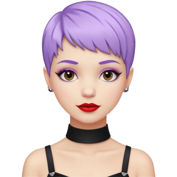 white girl with pastel purple pixie cut, black choker, red lipstick, lip ring, half smile, stylish and trendy emoji
