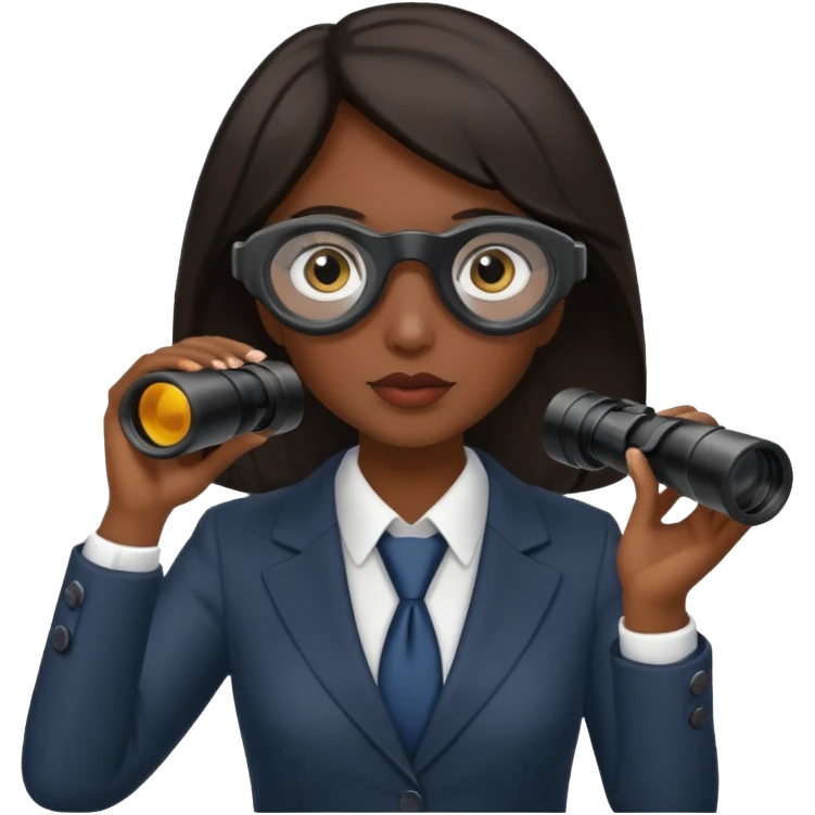 a woman with dark hair in a business attire looking into binoculars emoji