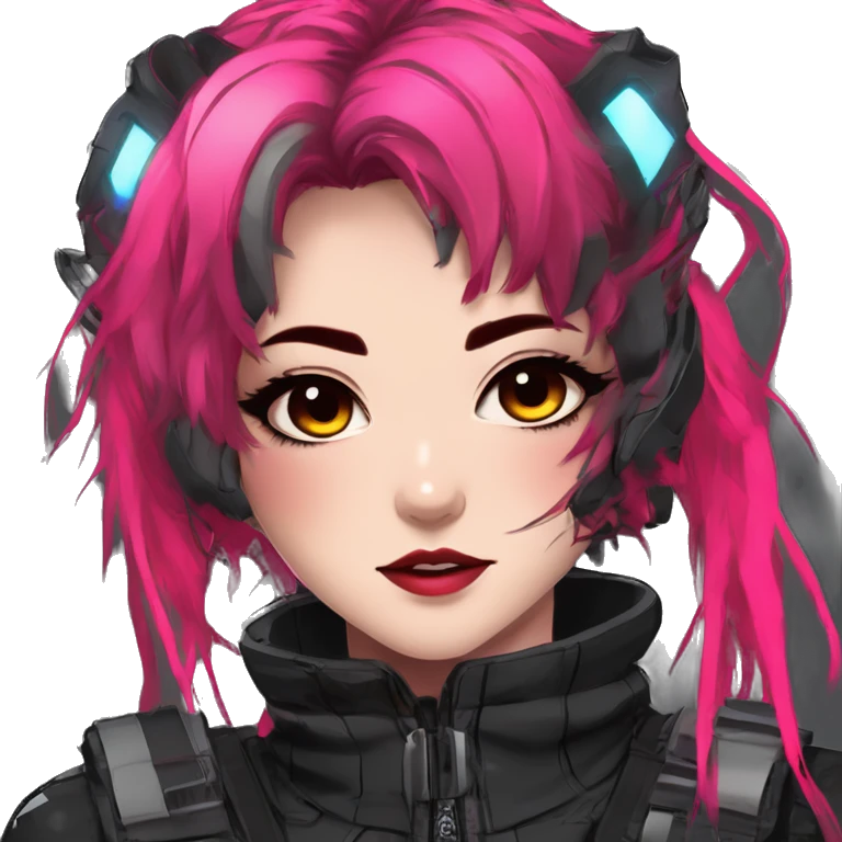 Gorgeous futuristic neon techwear anime style lady with blushing face aesthetic and pretty edgy black red punk messy wild cute hair with collar and harness trending style emoji