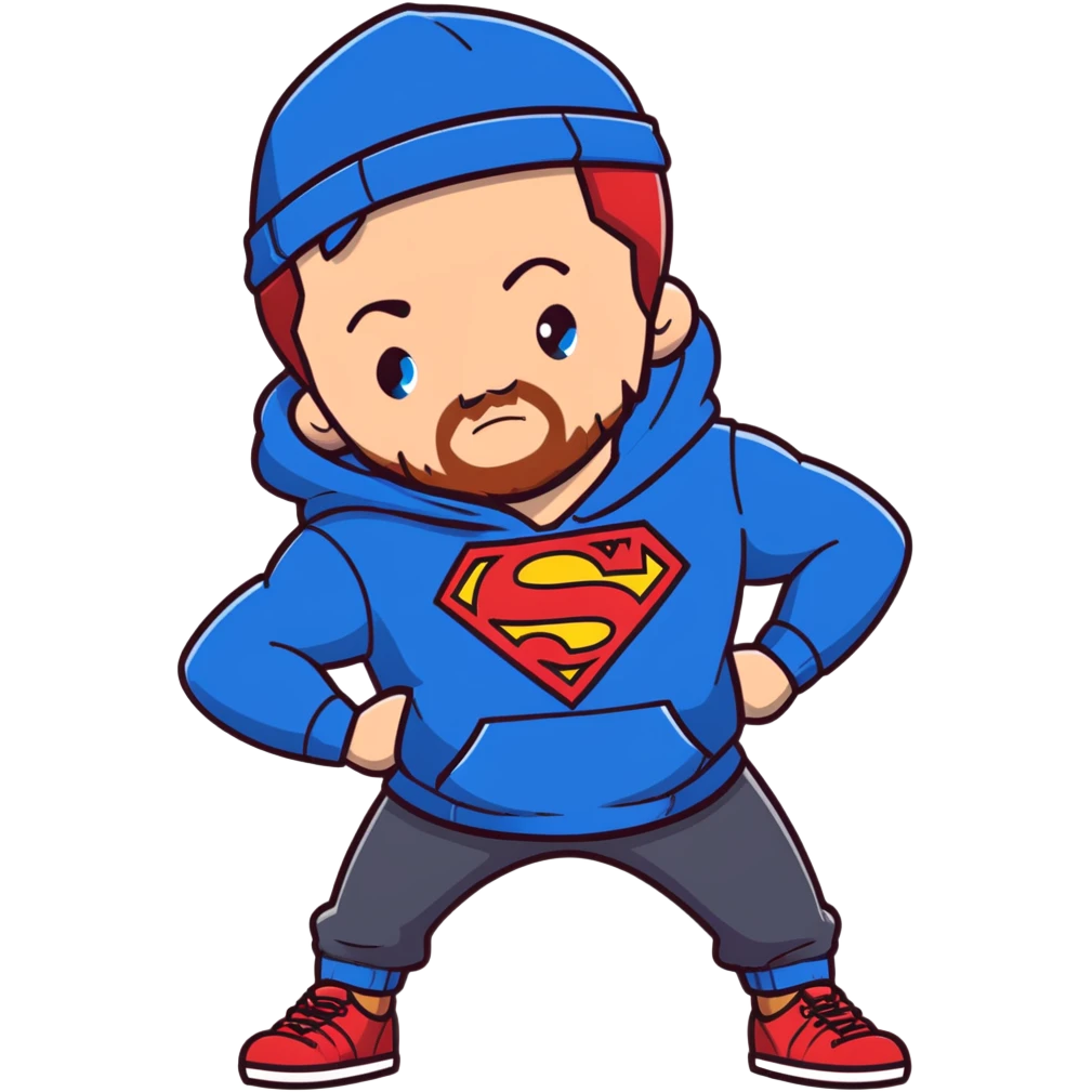 Full body Adult male with blue eyes and redish messy hair and trimmed facial hair wearing a blue superman hoodie and a black hat backwards emoji