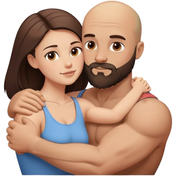 Muscular Bald man with a beard intimately hugging his young brunette wife  emoji