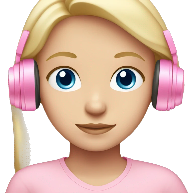 Blonde girl with blue eyes in a light pink shirt with light pink headphones on emoji