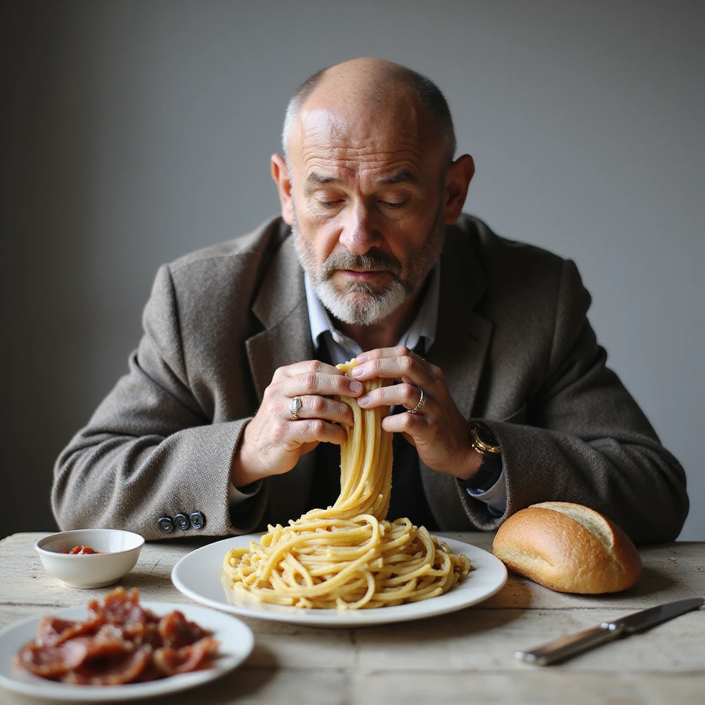 Uomo che mangia sempre gli stessi cibi (pasta, pane, salumi), piatto monotono, espressione annoiata, testo in italiano: 'Abitudini consolidate'. emoji