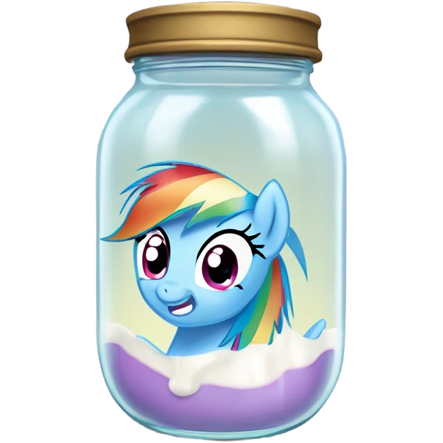 My little pony Rainbow Dash in a jar with milk at the bottom of the jar emoji
