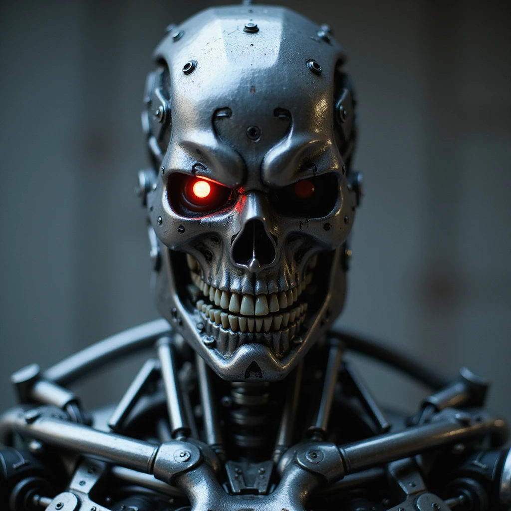 threatening Terminator robot with red eye, realistic style, science fiction movie inspired emoji