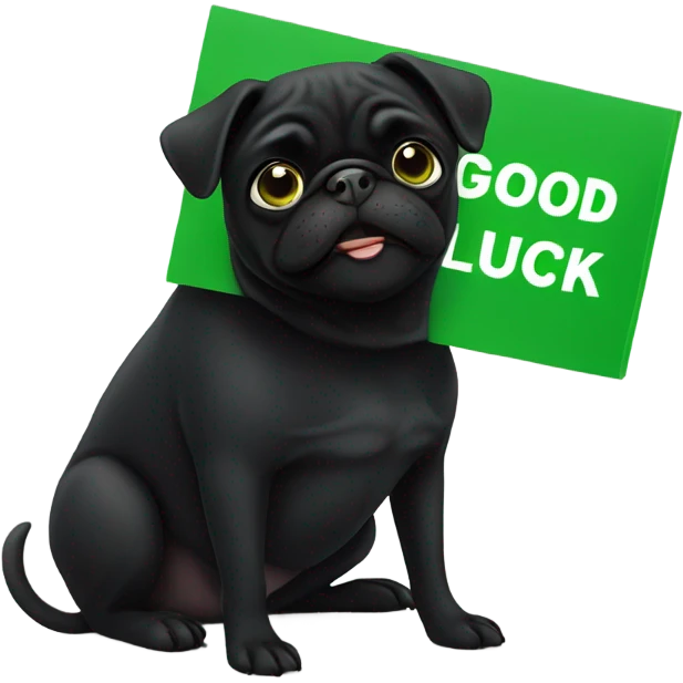 Black pug , surrounded by flowers, holding a green sign that says “good luck”  emoji