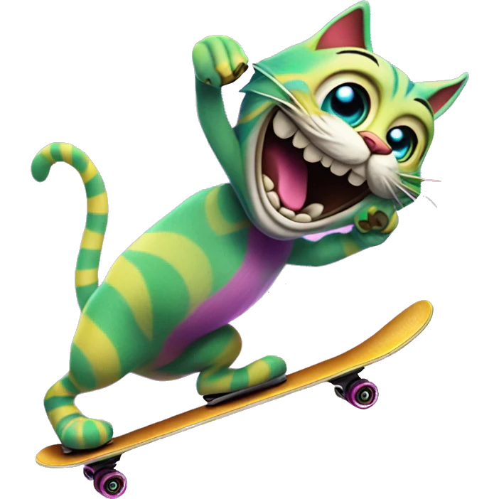 🦎 skating happily with eyes in colorful hues like the Cheshire Cat from Alice in Wonderland."



 emoji