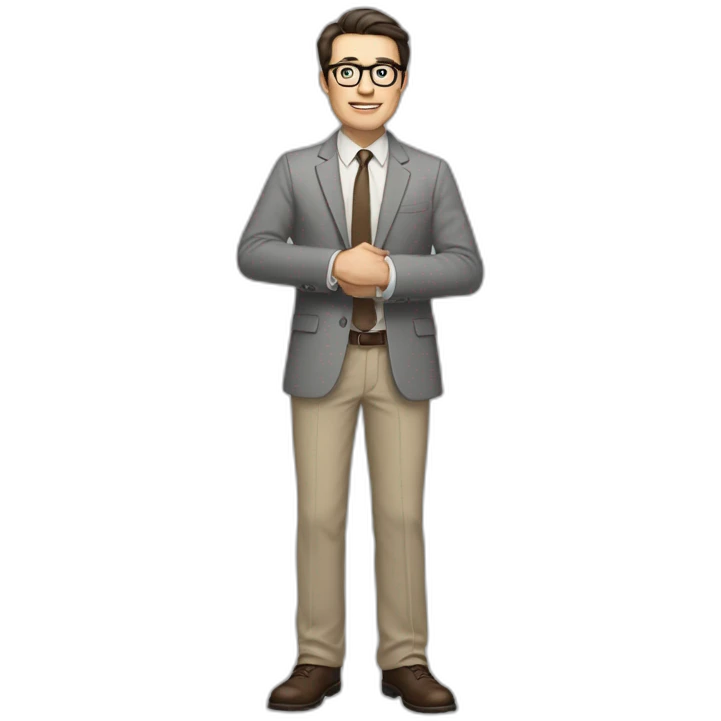 Full height Actively gesturing with hands Pale skinned fit man with dark brown hair in gray jacket, beige office shirt, brown tie, brown pants and vintage glasses. emoji