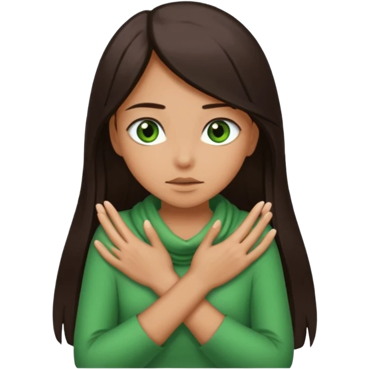 Girl with dark brown long straight hair and green eyes and tan skin wrapping her hands around her neck pretending to choke herself. emoji