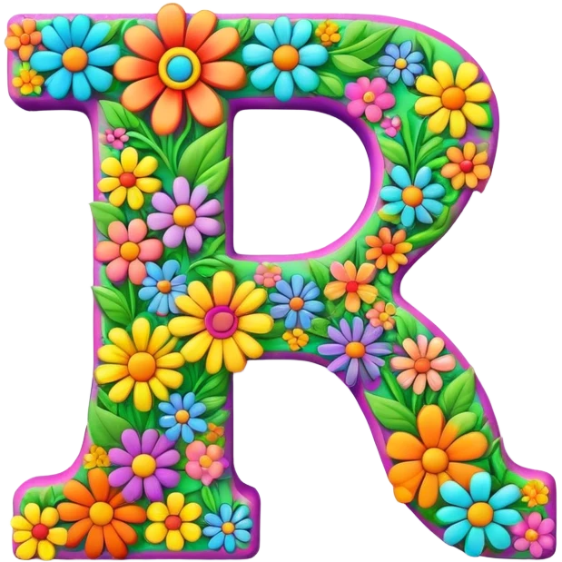 3D style, psychedelic colored Letter A with hippie style flowers emoji
