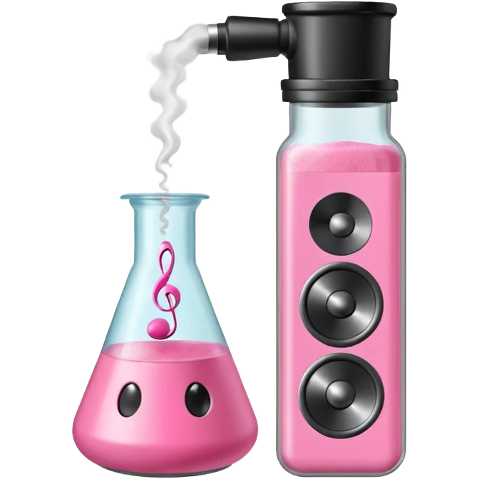bublegum pink flask beaker with music coming out, as well as a vintage audio speaker emoji