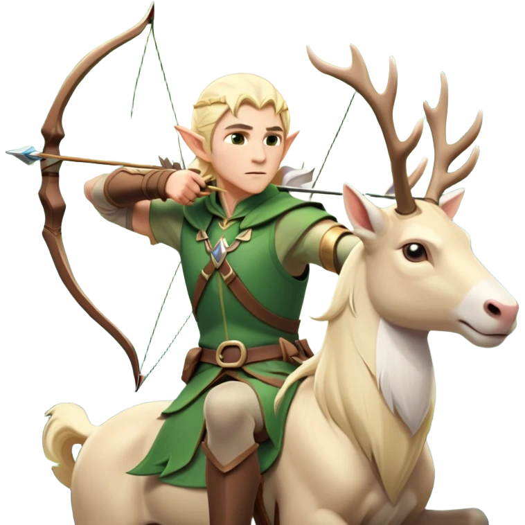 clash-of-clans-aesthetic-blond-male elf-archer-portrait-emoji, rendered in a flat, vector-style with minimal shading and bold holding his bow, simplified shapes, head tilted slightly forward with a determined, focused expression, riding a majestic white stag whose antlers glow with mystical energy, set against an ancient, enchanted forest backdrop. emoji